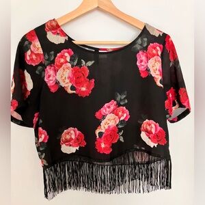 Divided Black and Pink Floral Fringe Crop Top with fringe